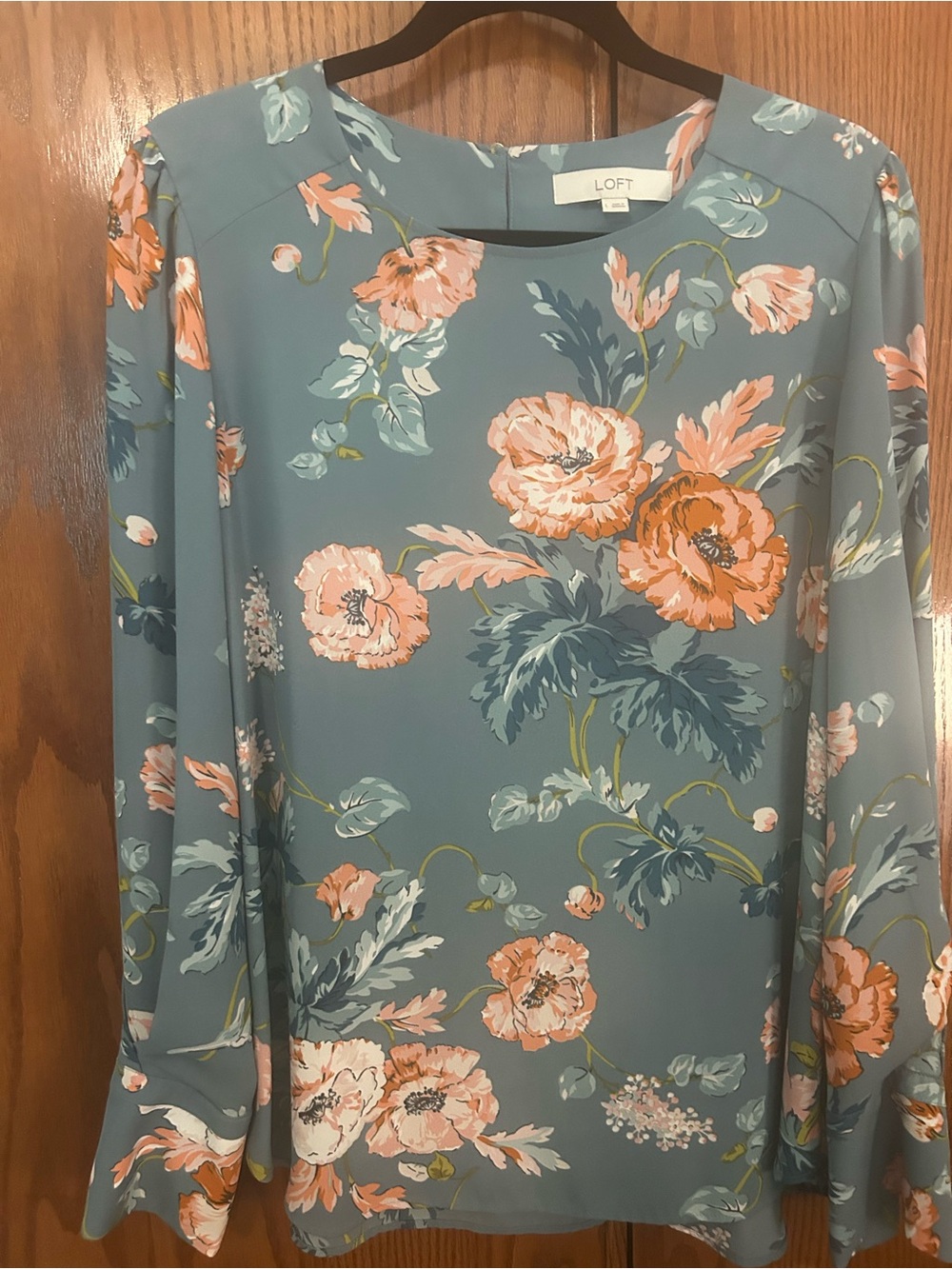 LOFT Dusty Blue Floral Long-Sleeve Blouse with Peach Blooms
